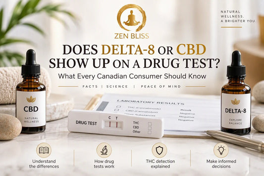 Does Delta-8 or CBD show up on a drug test? Zen Bliss CBD and Delta-8 dropper bottles beside a drug test cassette and lab results