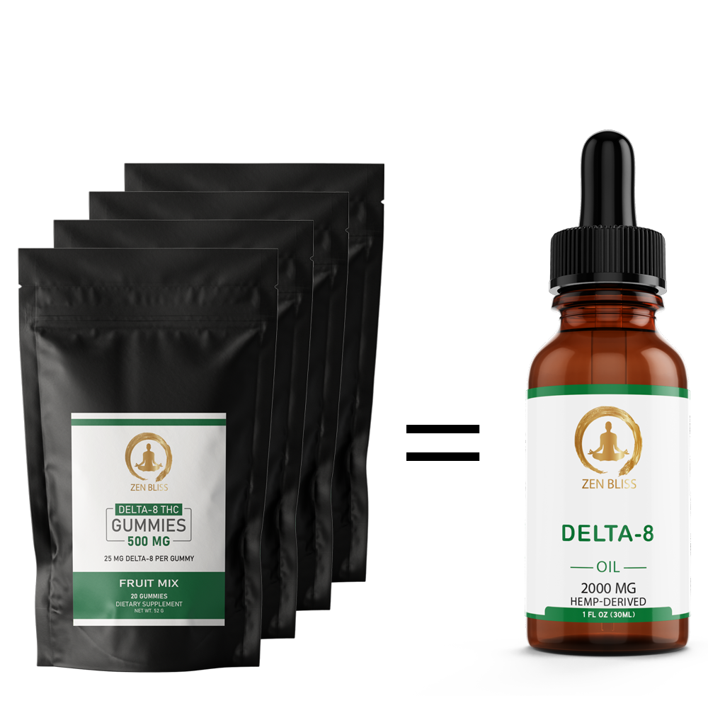 Zen Bliss Ultimate Relaxation Bundle: 4x Delta-8 Gummies + Free 2000mg Delta-8 Oil