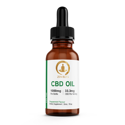 Zen Bliss THC-Free CBD Oil Isolate, 1000 mg, peppermint, 30 ml dropper bottle