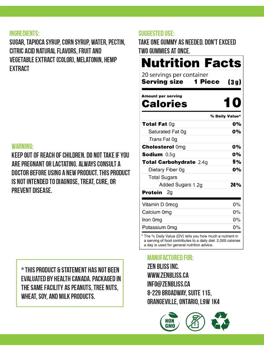 Zen Bliss CBD Sleep Gummies with melatonin 50 mg: back label with ingredients, nutrition facts and allergen information