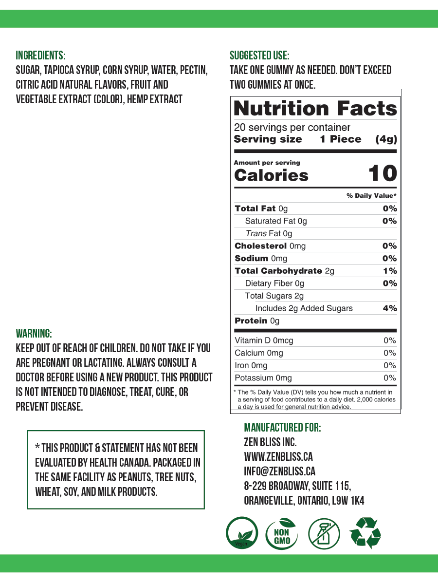 Zen Bliss Delta-8 THC Gummies 50 mg: back label with ingredients, nutrition facts and allergen information