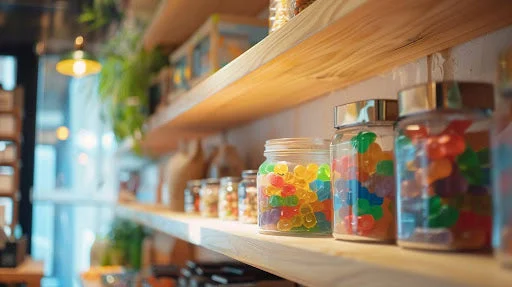 Glass jars of gummies on a wooden shelf