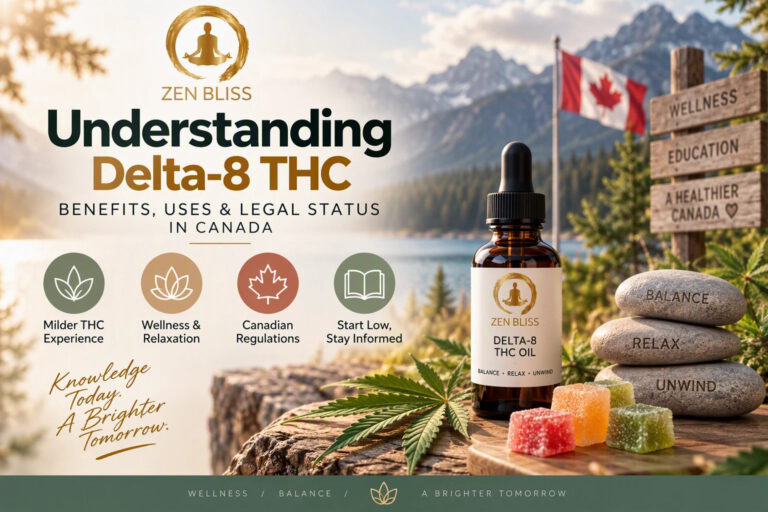 Understanding Delta-8 THC in Canada cover: Zen Bliss Delta-8 THC oil bottle and gummies by a mountain lake with a Canadian flag, with four themes: milder THC experience, wellness and relaxation, Canadian regulations, start low and stay informed