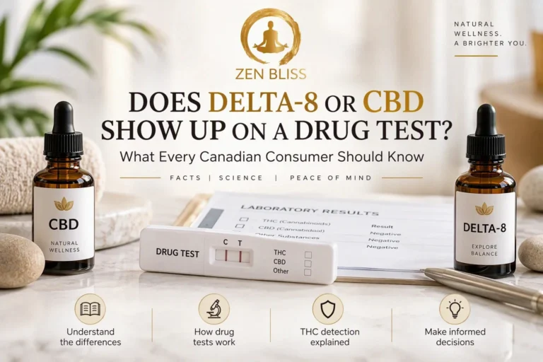 Does Delta-8 or CBD show up on a drug test? Zen Bliss CBD and Delta-8 dropper bottles beside a drug test cassette and lab results