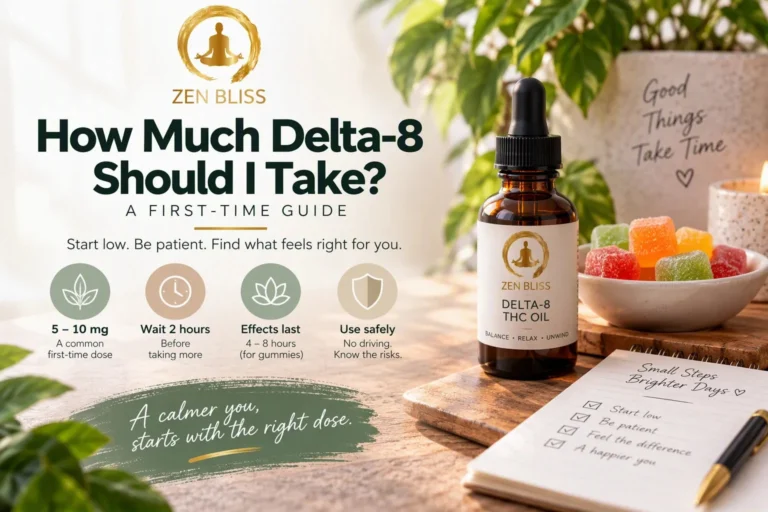 How much Delta-8 should I take? First-time guide cover: Zen Bliss Delta-8 THC oil bottle and gummies with four tips: 5 to 10 mg first dose, wait two hours, effects last 4 to 8 hours, no driving